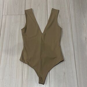 Free People Deep V-Neck Bodysuit in Tan